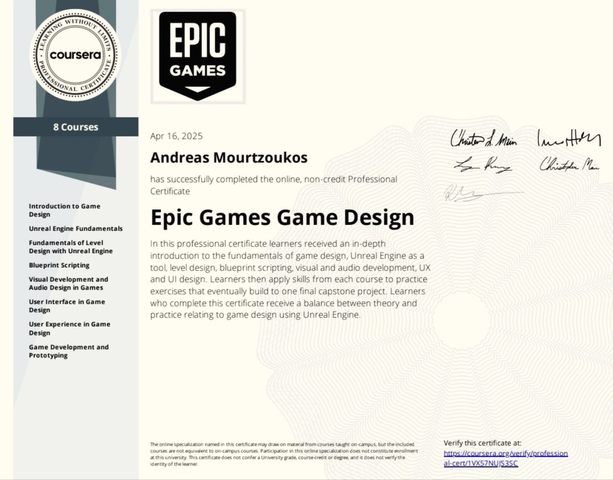 saxelectro's tweet image. I'm happy to announce that I've got my Epic Games Game Design Professional Certificate! Many thanks to All of my instructors, and Coursera.
#epic_games #unreal_engine #game_development #saxelectro #saxelectroartist #coursera