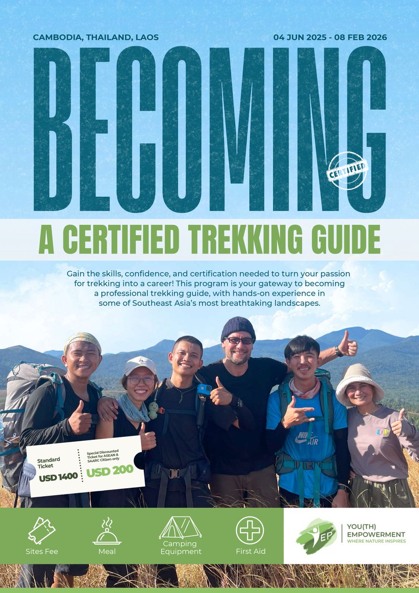 opportunitiesfy's tweet photo. 🌄 Love trekking? Make it your career!
🌍 Train across Thailand, Cambodia & Laos with YEP Academy.
🎯 Starts June 2025 — Limited spots!
✍️ Register now: https://t.co/pCZAWU4ert
#TrekkingGuide #AdventureCareer #YEPAcademy #TravelGoals https://t.co/ry5Lv4a3Ur