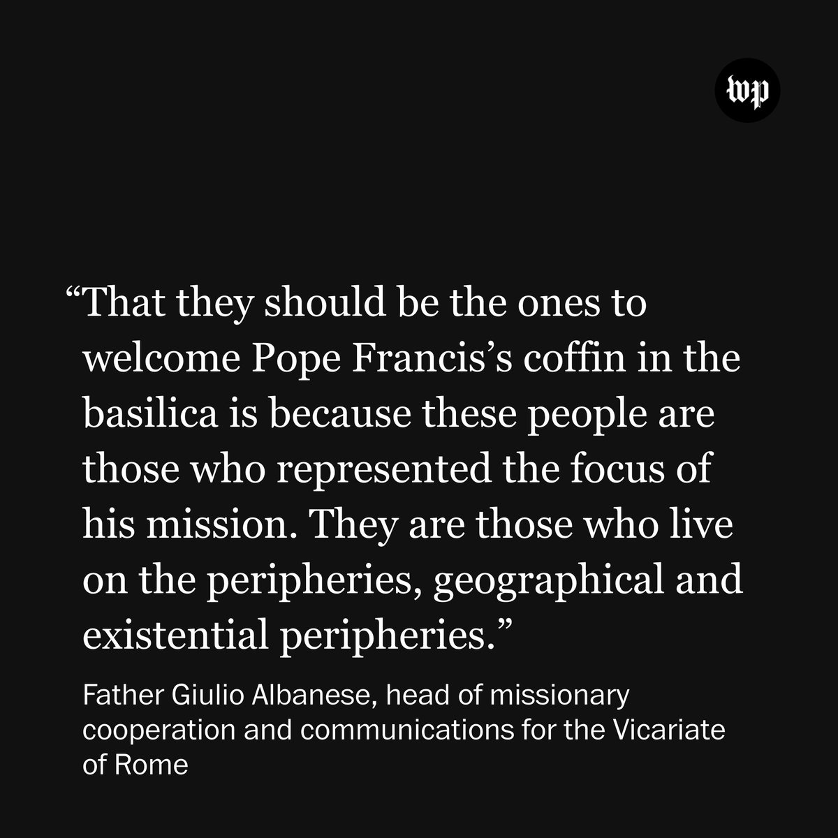 The final honor guard for Pope Francis included migrants, prisoners, transgender people, the homeless and others selected by the Vicariate of Rome as a symbol of the late pope’s mission of inclusion and outreach.

Read more from the funeral: wapo.st/3YdDGqM