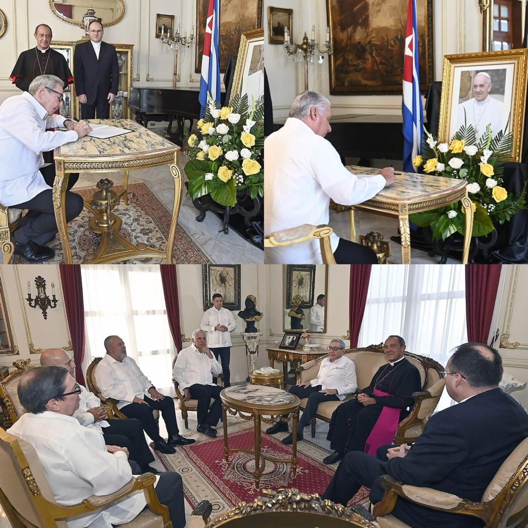 El General de Ejército Raúl Castro Ruz, el Presidente Miguel Díaz-Canel y otros dirigentes, firmaron el libro de condolencias en la Nunciatura Apostólica, con motivo del fallecimiento del papa Francisco, a nombre del Estado, el Gobierno y pueblo cubanos.
#LaHabanaViveEnMí
