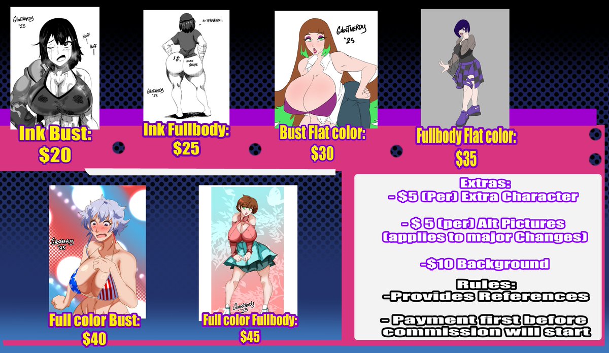 New Pin-up and Comic commissions sheets are up, as 
you can see the prices have changed. Animations will be available to but a new price sheet is in the works for it too.