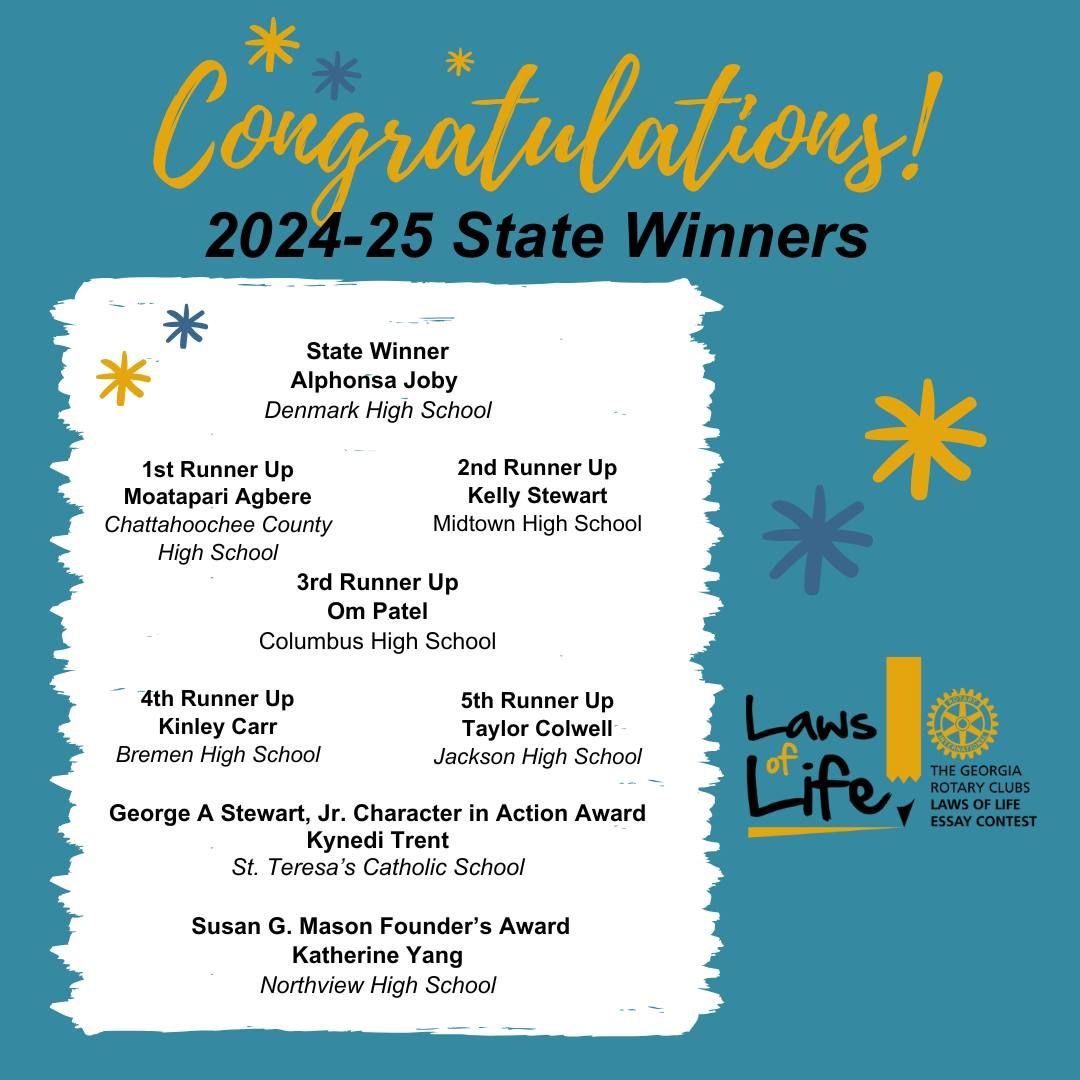 Exciting News! Help us celebrate the 2025 school-level winners of the Georgia Rotary Clubs Laws of Life Essay Contest! More than 30,000 students shared their inspiring stories—watch the announcement video and join us in honoring their achievements. 
buff.ly/seGWwkK