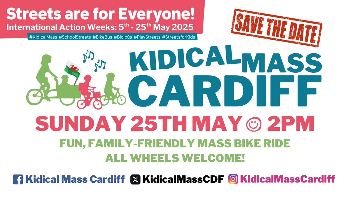 YES YES YES! Join the #KidicalMass fun, family-friendly mass bike ride in #Cardiff to demand #StreetsForEveryone in #Wales! 🚲🎶✊🏴󠁧󠁢󠁷󠁬󠁳󠁿

📅SUNDAY 25TH MAY @ 2PM
📍Meet: Pedal Power Cardiff, CF11 9LB
🏁Finish: Central Square, CF10 1EP
🚲All Wheels Welcome!