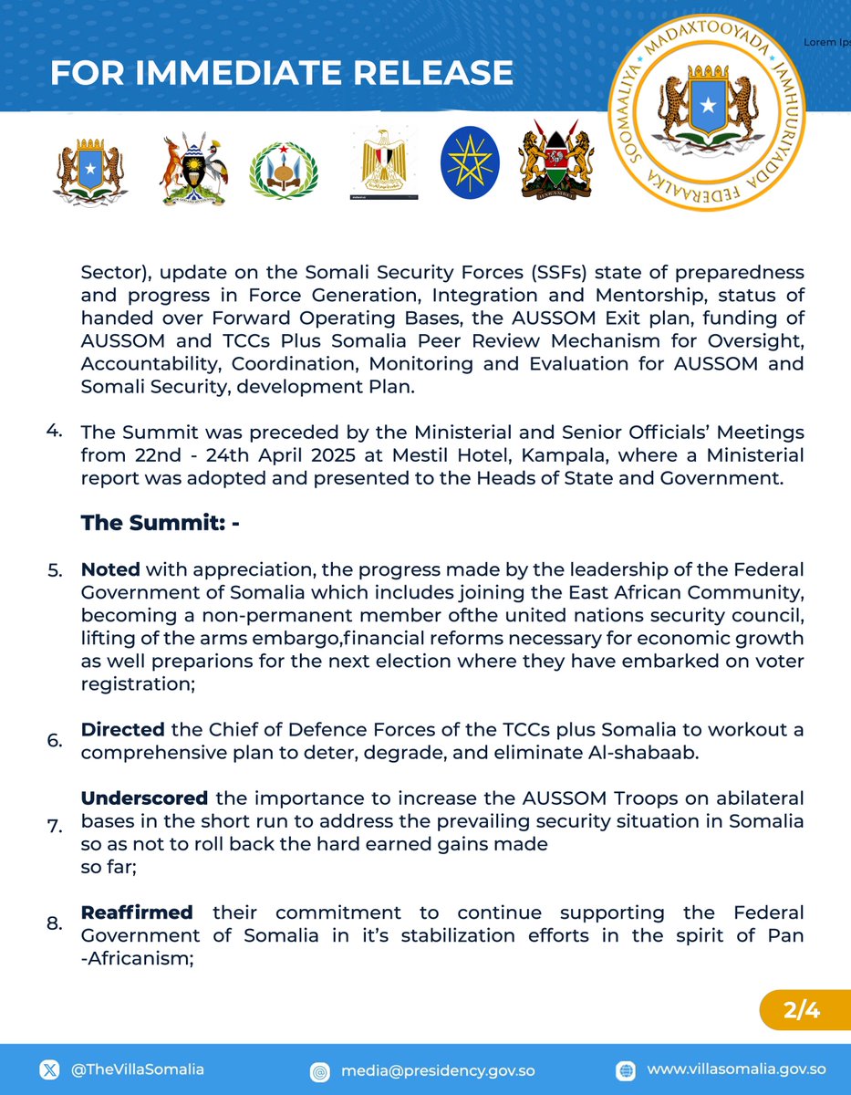 TheVillaSomalia's tweet photo. Official Joint Communique issued at the end of the Extraordinary Summit of the Troop Contributing Countries to the African Union Support and Stabilization Mission in Somalia and the Federal Republic of Somalia.👇🏾 https://t.co/9FJV51yLQb