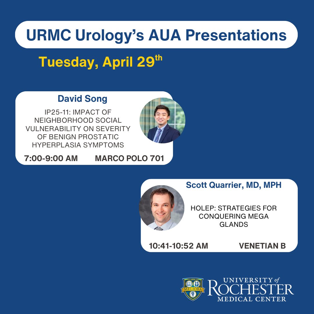 URMC Department of Urology (@urmcurology) on Twitter photo One last spotlight to wrap up #AUA25! ✨ <a href="/UR_Med/">UR Medicine</a> student David Song presents bright and early this morning, and <a href="/squarrier/">Scott Quarrier MD MPH</a> will close out the conference with his lecture on HoLEP Strategies.
#URMCUrology #FutureOfUrology #URMCUroRes One last spotlight to wrap up #AUA25! ✨ <a href="/UR_Med/">UR Medicine</a> student David Song presents bright and early this morning, and <a href="/squarrier/">Scott Quarrier MD MPH</a> will close out the conference with his lecture on HoLEP Strategies.
#URMCUrology #FutureOfUrology #URMCUroRes
