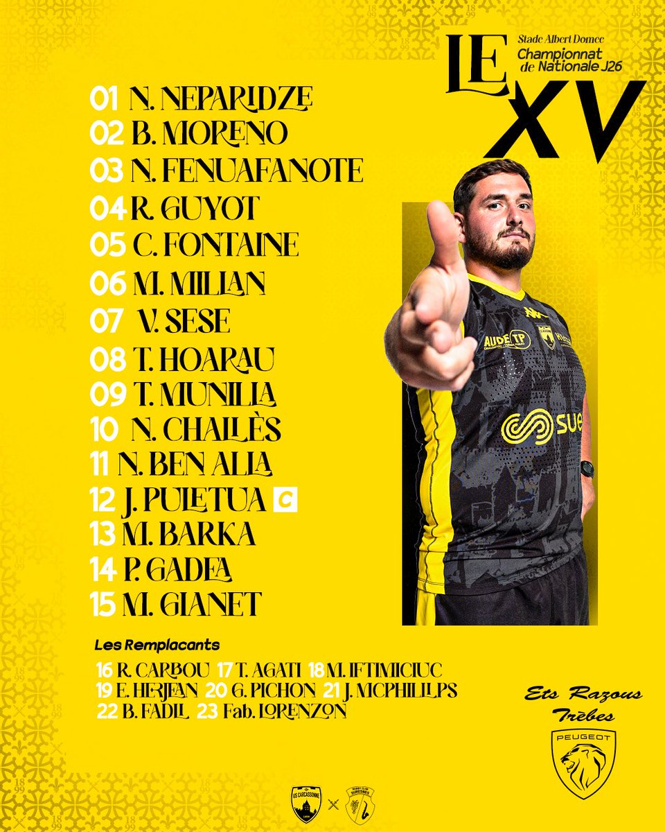 𝐄𝐥𝐥𝐞 𝐞𝐬𝐭 𝐥𝐚̀, 
la compo de cette dernière journée de phase régulière ! 

Les joueurs indisponibles sur notre site web : uscarcassonne.com/2025/04/25/les…

#USCRCS #DéfendreNotreCité ⚔️