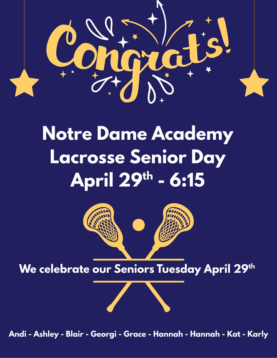 Our UNDEFEATED Lacrosse team is celebrating our Seniors,  April 29th at 6:15!
