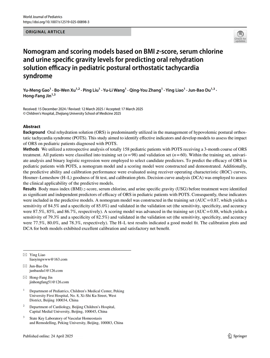 World_J_Pediatr's tweet photo. Predictive models using clinical data effectively assess oral rehydration solution efficacy in pediatric postural orthostatic tachycardia syndrome, enabling personalized treatment strategies.

#Meded #SoMe4PedSurg #NomogramModel #ScoringModel #Pediatrics

https://t.co/wAumgR6dnP https://t.co/XddxXnpFRq