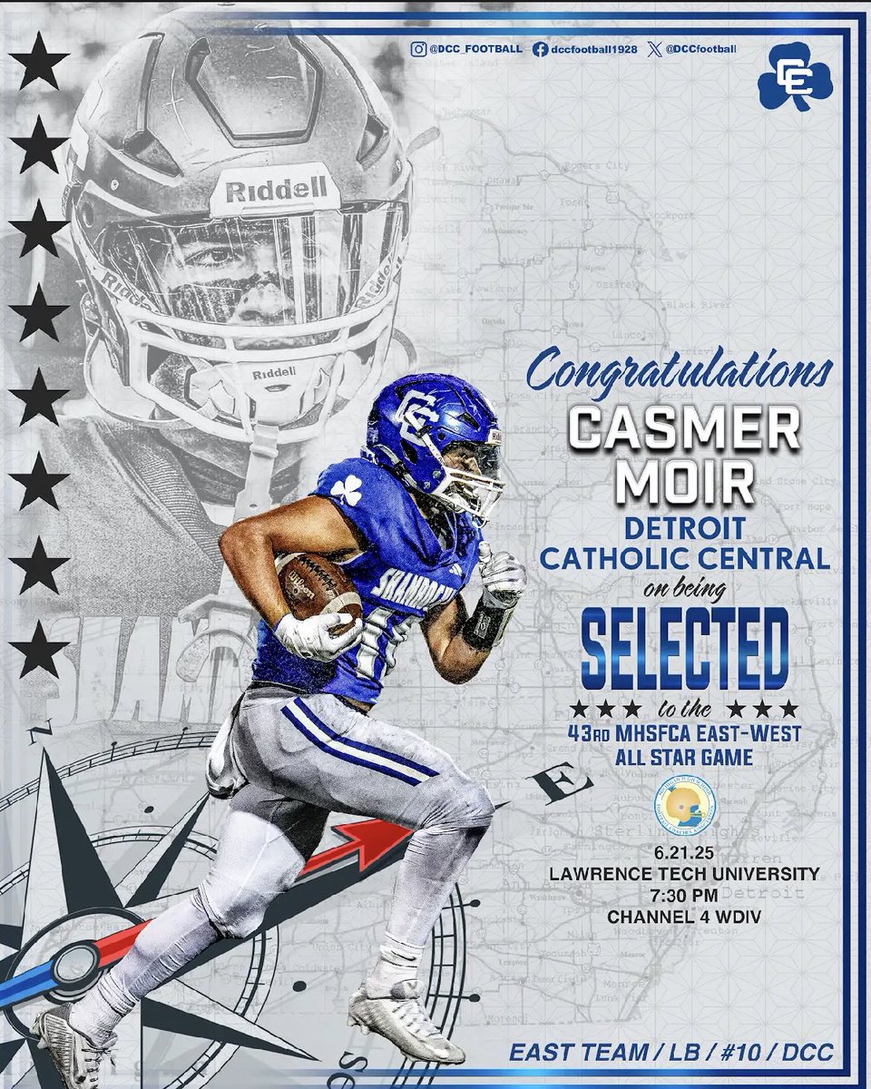 Detroit Catholic Central Football (@dccfootball) on Twitter photo Congratulations <a href="/CasmerMoir10/">Casmer Moir</a> on being selected to the <a href="/michiganhsfca/">MHSFCA</a> All Star Game! <a href="/DCCShamrocks/">Detroit Catholic Central Athletics</a> <a href="/LTUAthletics/">LTU Athletics</a> <a href="/FerrisFootball/">Ferris St. Football</a> Congratulations <a href="/CasmerMoir10/">Casmer Moir</a> on being selected to the <a href="/michiganhsfca/">MHSFCA</a> All Star Game! <a href="/DCCShamrocks/">Detroit Catholic Central Athletics</a> <a href="/LTUAthletics/">LTU Athletics</a> <a href="/FerrisFootball/">Ferris St. Football</a>