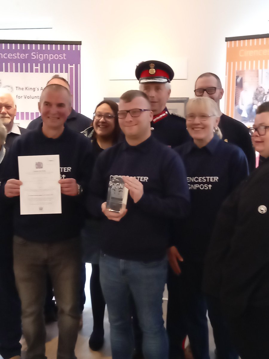 Founders Graham and Juliette flank longest serving volunteer Charlie at the presentation of a King's Award for Voluntary Service to Cirencester Signpost for valued provision of support and guidance to the homeless in and around the town. A massive thanks and congratulations