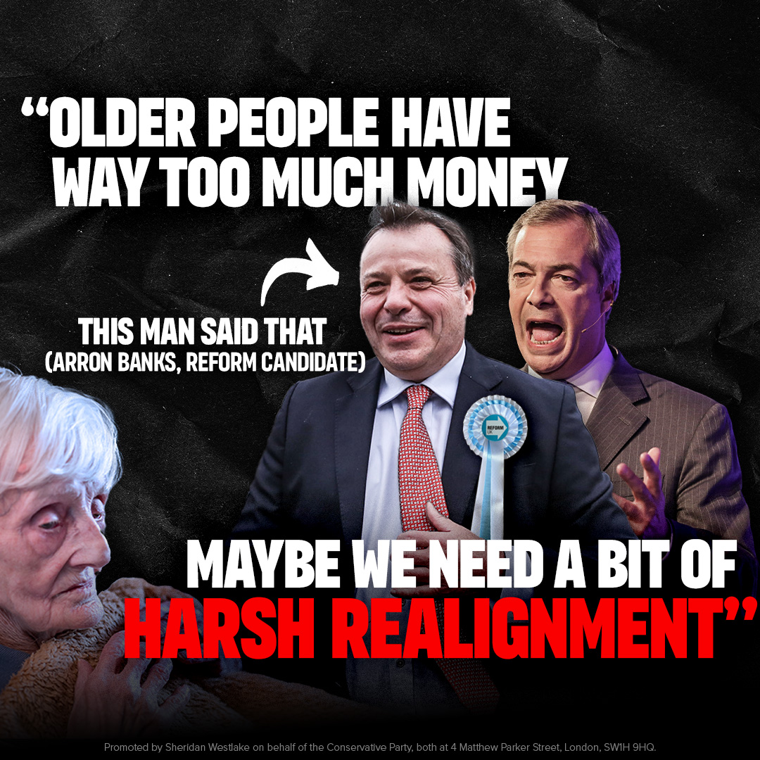 KentTories's tweet image. Nigel Farage’s key backer and mayoral candidate in the west country wants to give your nan a “harsh realignment.”
Disagree? Vote Conservative on 1st May. spkl.io/6016fI49p
