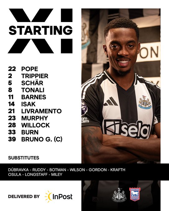Newcastle United v Ipswich Town: Pope, Trippier, Schär, Tonali, Barnes, Isak, Livramento, Murphy, Willock, Burn, Bruno G.