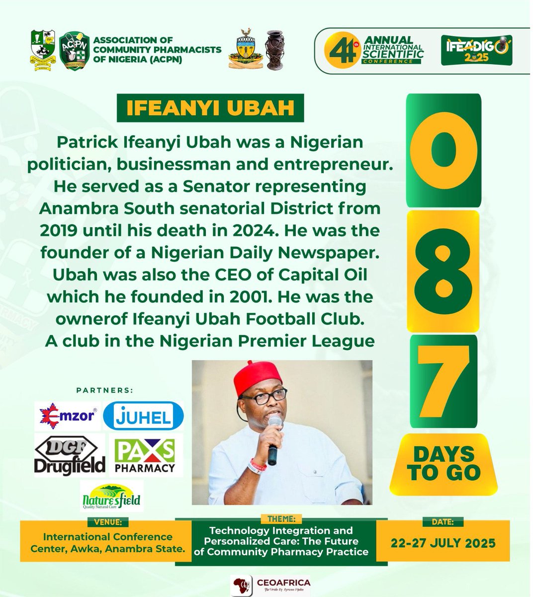 0️⃣8️⃣7️⃣days left until our Awka Conference, IFEADIGO 2025.

📎Kindly use the link below to register👇🏽
acpnnigeria.org/conference

🗓️Date:Tuesday 22nd -Sunday 27th July, 2025. 

📍Location: International Conference Center, Awka., Anambra State.

The countdown continues.