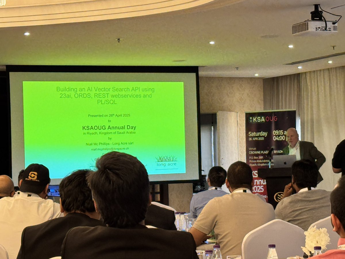KSA Oracle User Group (@ksaoug) on Twitter photo KSAOUG Annual Day 2025 comes to an end with Final session from <a href="/Niall_McP/">Niall Mc Phillips</a>
Session 7: Building an AI Vector Search REST API using 23ai, ORDS, PL/SQL, and APEX
<a href="/oracleugs/">Oracle User Groups</a> <a href="/oracleace/">Oracle ACE Program</a> KSAOUG Annual Day 2025 comes to an end with Final session from <a href="/Niall_McP/">Niall Mc Phillips</a>
Session 7: Building an AI Vector Search REST API using 23ai, ORDS, PL/SQL, and APEX
<a href="/oracleugs/">Oracle User Groups</a> <a href="/oracleace/">Oracle ACE Program</a>
