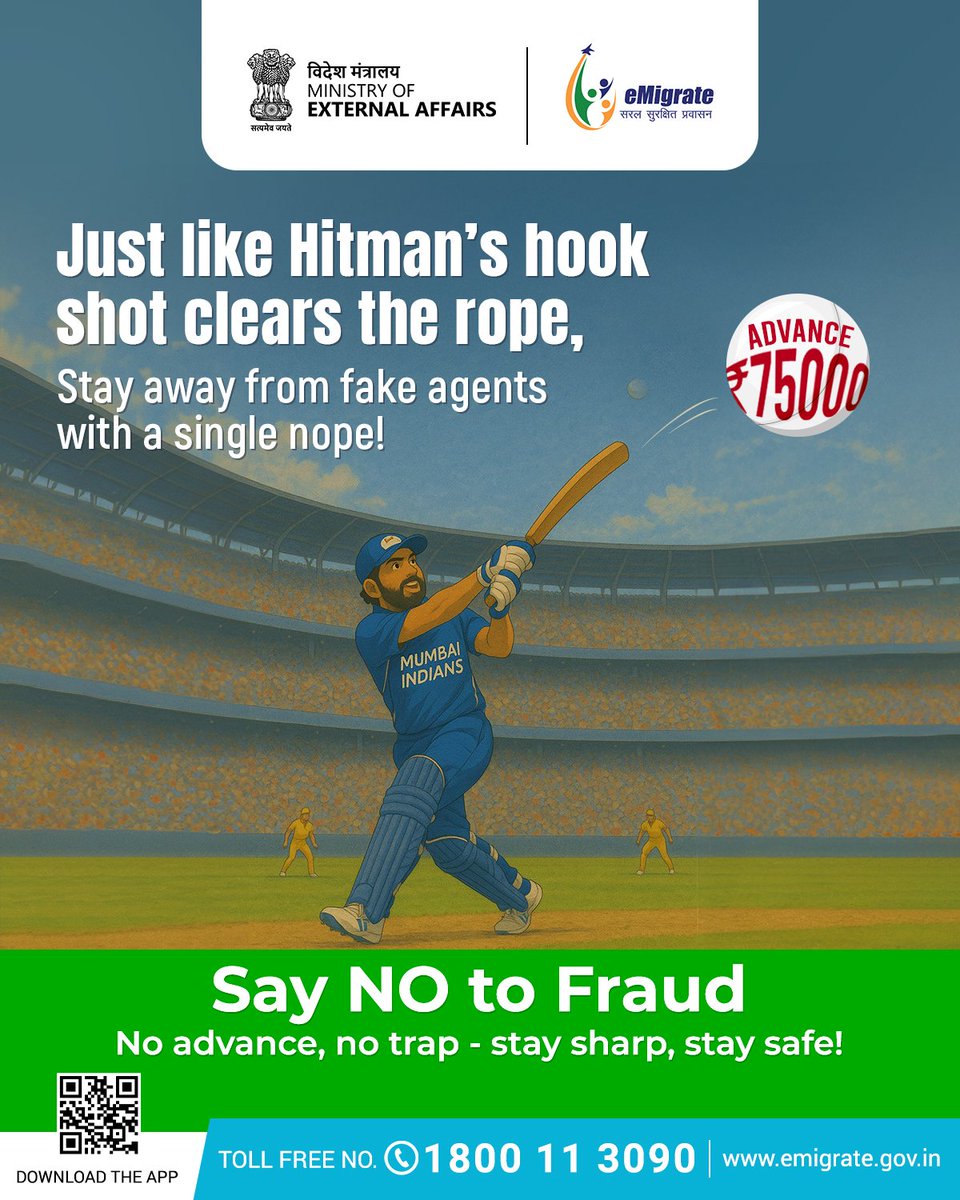 Agent maange cash upfront?
Samajh jao — yeh fraud ka full toss hai!

Safe emigration ke liye khelo smart — POE aur eMigrate ke saath!

Check recruiters at eMigrate.gov.in
#eMigratePortal #VideshRozgarSathi #WorkAbroad #SafeMobility #IPLfever