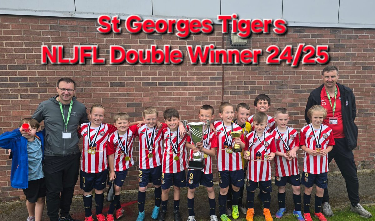 StGeorgeTigers's tweet photo. Strong performance overall from the Tigers today as they completed the Champions' League and Cup double in the @NLJFL .
Boys have been brilliant all season &amp; have put last year's cup defeat behind them.
Credit to finalists Holy Rosary who've been tough opponents all season. https://t.co/G1xS1u7zNF