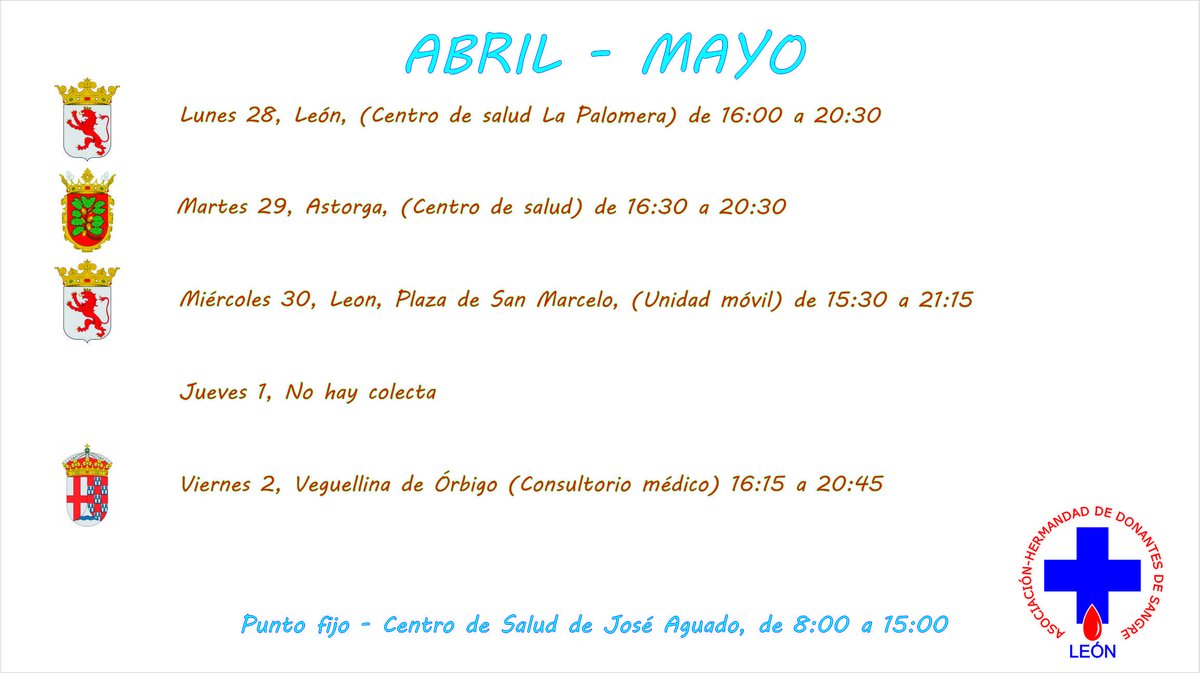 Donar sangre no cuesta #Trabajo y permite ayudar a tres personas. Esta semana estaremos en Centro de Salud de La Palomera, en <a href="/AytoAstorga/">Ayuntamiento de Astorga</a>, Plaza de San Marcelo #LeonEsp, y en Veguellina de Órbigo.
