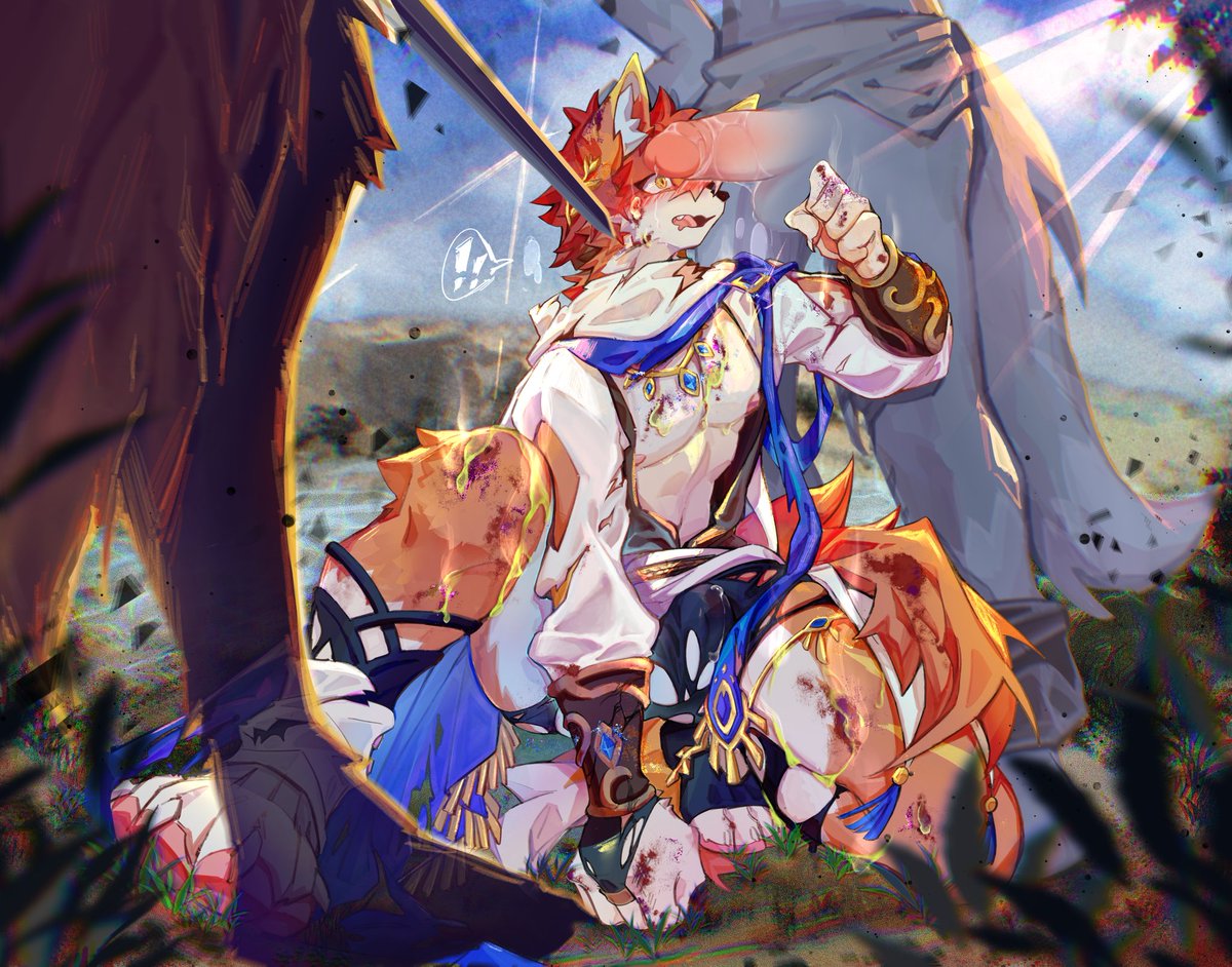 刚刚结束沙之宫殿🏜的演奏便踏上返程的诗人狐狸🦊，在一片绿洲歇脚时不巧撞上了凶恶的强盗，他们锐利的目光盯上了狐狸身上的华贵服饰，狐狸不由得攥紧了腰间的短剑，看来一场激烈的冲突已不可避免了，等待着他的会是什么样的命运呢？
（按Alt解锁后续剧情⚔️）