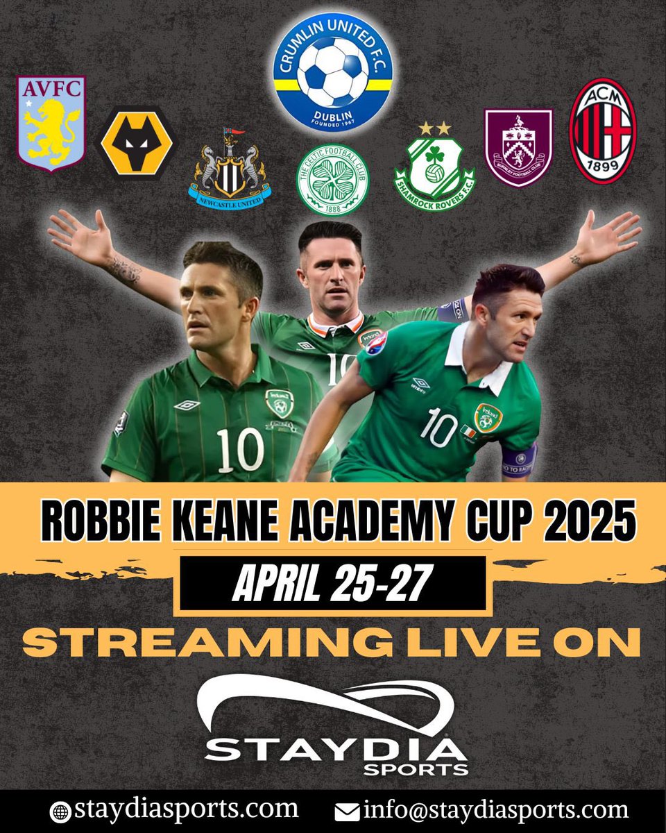 Staydia Sports (@staydiasports) on Twitter photo All games from Robbie Keane Academy Cup broadcasting live by Staydia Sports this weekend from <a href="/crumlinunited/">Crumlin United</a> with coverage of <a href="/acmilan/">AC Milan</a> <a href="/AVFCOfficial/">Aston Villa</a> <a href="/BurnleyOfficial/">Burnley FC (P)</a> <a href="/CelticFC/">Celtic Football Club</a> <a href="/ShamrockRovers/">Shamrock Rovers FC</a> <a href="/NUFC/">Newcastle United</a> <a href="/Wolves/">Wolves</a> and hosts Crumlin United. See the club’s social pages for links. 🏆⚽️👏 All games from Robbie Keane Academy Cup broadcasting live by Staydia Sports this weekend from <a href="/crumlinunited/">Crumlin United</a> with coverage of <a href="/acmilan/">AC Milan</a> <a href="/AVFCOfficial/">Aston Villa</a> <a href="/BurnleyOfficial/">Burnley FC (P)</a> <a href="/CelticFC/">Celtic Football Club</a> <a href="/ShamrockRovers/">Shamrock Rovers FC</a> <a href="/NUFC/">Newcastle United</a> <a href="/Wolves/">Wolves</a> and hosts Crumlin United. See the club’s social pages for links. 🏆⚽️👏