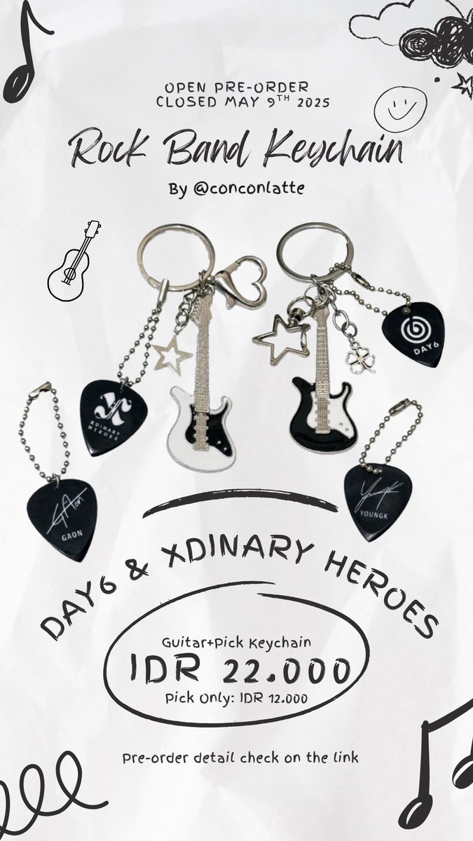 conconlatte's tweet photo. Open PO 
Day6 &amp; XH Rock Band Keychain
by @conconlatte 

Close PO: Jumat, 9 Mei 2025

Price (include packing)
Guitar+Pick Keychain: Rp 22.000 (DP Rp 15.000)
Pick Only: Rp 12.000 (DP Rp 7.000)

Ready 2-3 Minggu after PO closed
Pelunasan via 🍊

Link Order:
https://t.co/FcrzsyJA9o https://t.co/AenDDE107u