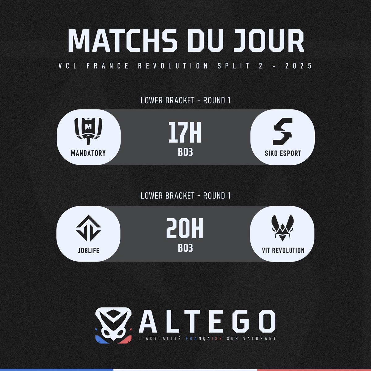 ALTEGO_GG's tweet photo. 💥Jour de Match en #VALRevolution
Lower Bracket - Round 1
17h - 🔴@MandatoryGG vs @SikoEsports🟡
20h - 🔵@JoblifeEsport vs @TeamVitality🟡
Cast 🇫🇷 : https://t.co/b7Sb1w2OaU https://t.co/wtjlwAppWg