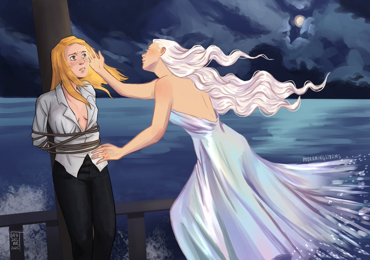 mourningstorms's tweet photo. Elissa and siren Rhaena collab with the amazing @vazdelart for #LesbianVisibilityWeek 🤍🧡🩷
#asoiaf #fireandblood https://t.co/y8gAiyC7yW