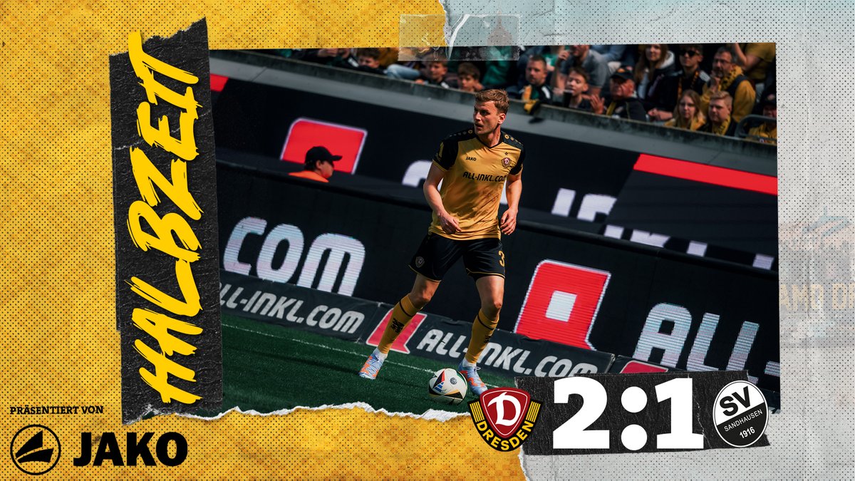 DynamoDresden's tweet photo. ⏰45'+1 Pause! Wir gehen mit einer knappen Führung in die Pause. Schwarz-Gelb hat die Partie weitestgehend im Griff - bitterer Anschluss vor der Pause. Heimdreier einsacken im zweiten Durchgang, Männer! #SGDSVS 2:1 #sgd1953 https://t.co/jJzYK6IIoy