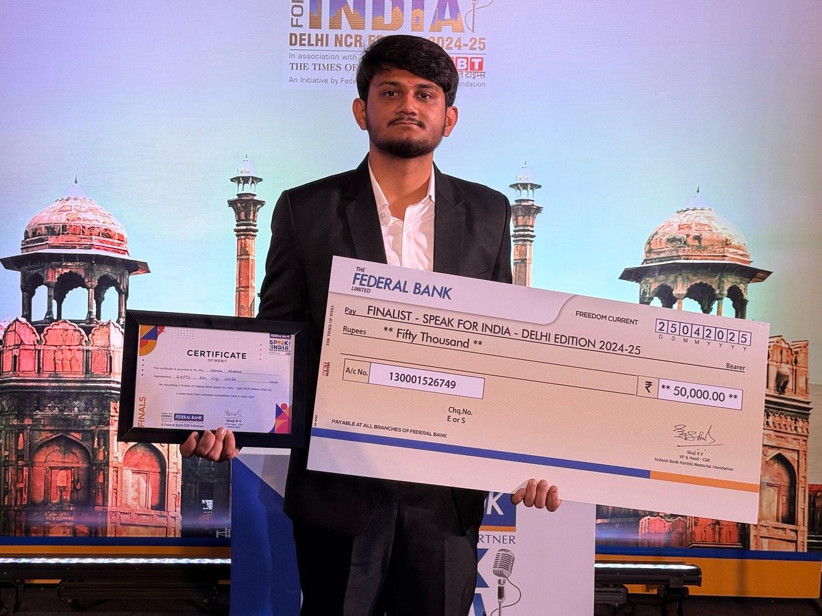 gkftii's tweet photo. Proud moment for GKFTII!
Our student Naman Sharma (School of Mass Comm &amp; Journalism) made it to the Top 8 Finalists at the @FederalBankLtd Speak for Debate 2024-25, winning ₹50,000!
Congratulations, Naman!

#GKFTII #SpeakForIndia #DebateChampion #StudentSuccess #ProudMoment https://t.co/nfp7Q4QJNR