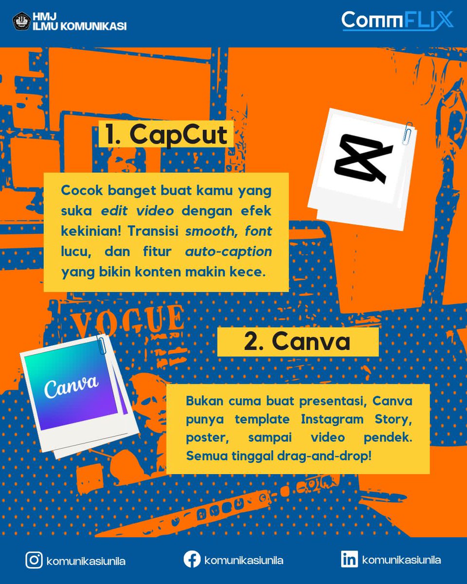 komunikasiunila's tweet image. Nah! Ini dia, Commers! Beberapa aplikasi editing yang bisa bikin konten kamu makin kece. Pilih yang paling cocok buat gaya editing-mu dan mulai berkarya ya! Check this out 🫨 ~

#CommX #CommFLIXsolution #Communila