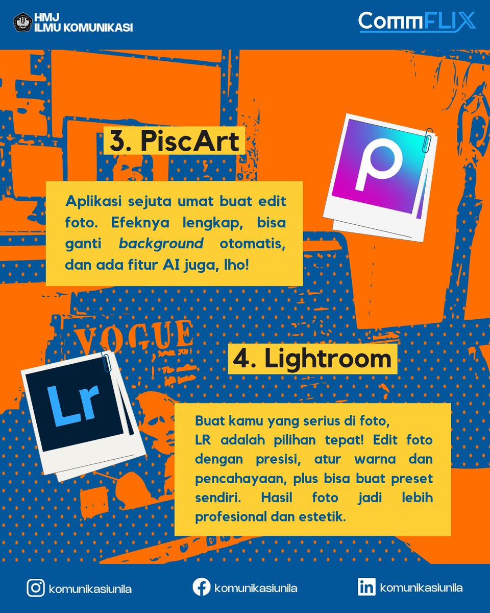 komunikasiunila's tweet image. Nah! Ini dia, Commers! Beberapa aplikasi editing yang bisa bikin konten kamu makin kece. Pilih yang paling cocok buat gaya editing-mu dan mulai berkarya ya! Check this out 🫨 ~

#CommX #CommFLIXsolution #Communila
