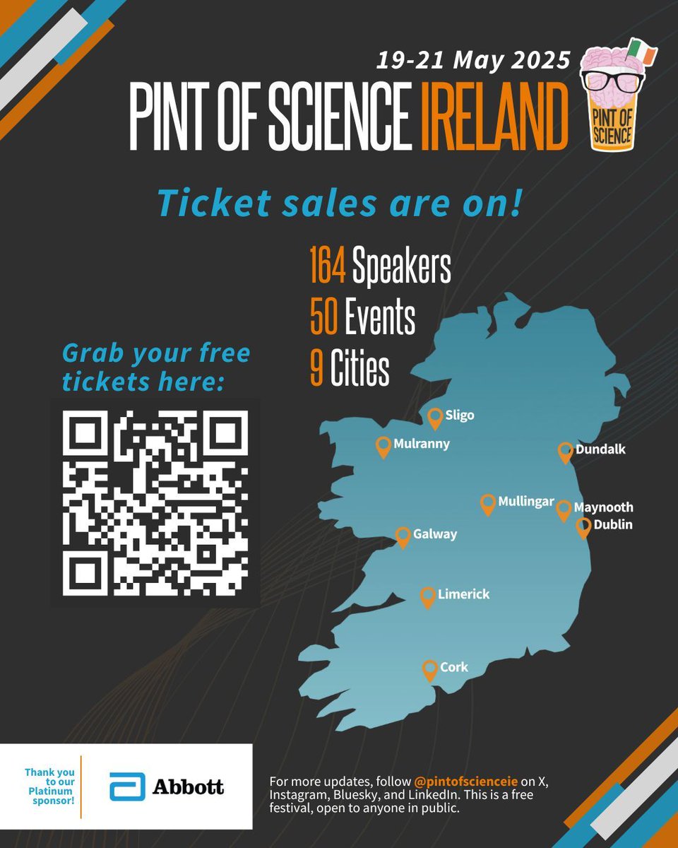 🎟️ #Pint25 Tickets Available Now! 🎉

Join us 19-21 May for 164 speakers, 50 events, and science fun across 9 Irish cities!

Grab your FREE tickets: pintofscience.ie/locations/

Hurry, spaces are limited! #SciComm #Ireland