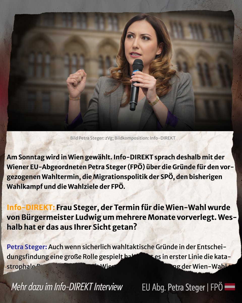 PetraStegerFPOE's tweet image. Am Sonntag haben wir es in der Hand: #Wien wählt!
Im Interview mit Info-DIREKT spreche ich Klartext über die massiven Herausforderungen in unserer Stadt – von #Überfremdung über Sicherheitsprobleme bis hin zu den Fehlern der etablierten #Politik.
Warum Wien einen echten…