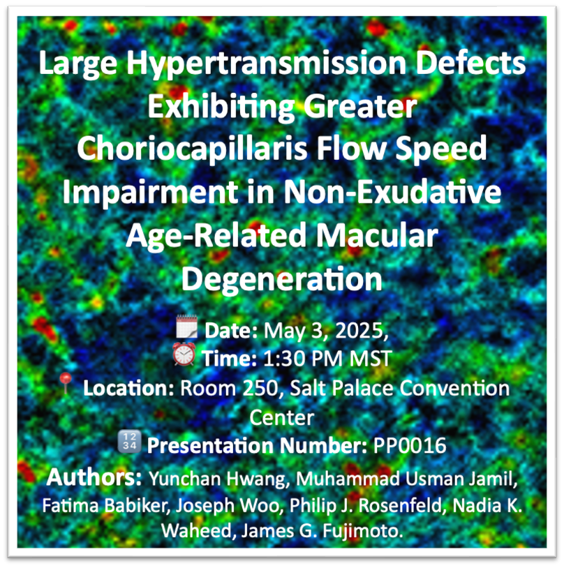 OCT_Waheed's tweet photo. Do not miss our talk at ISIE on May 3rd, 2025, discussing choriocapillaris capillary blood flow speed in patients with age related macular degeneration presented by Yunchan Hwang, MS, from the Fujimoto Lab at MIT. @ARVOinfo  
#ARVO #imagingintheeye https://t.co/S8Gf8i8D6v