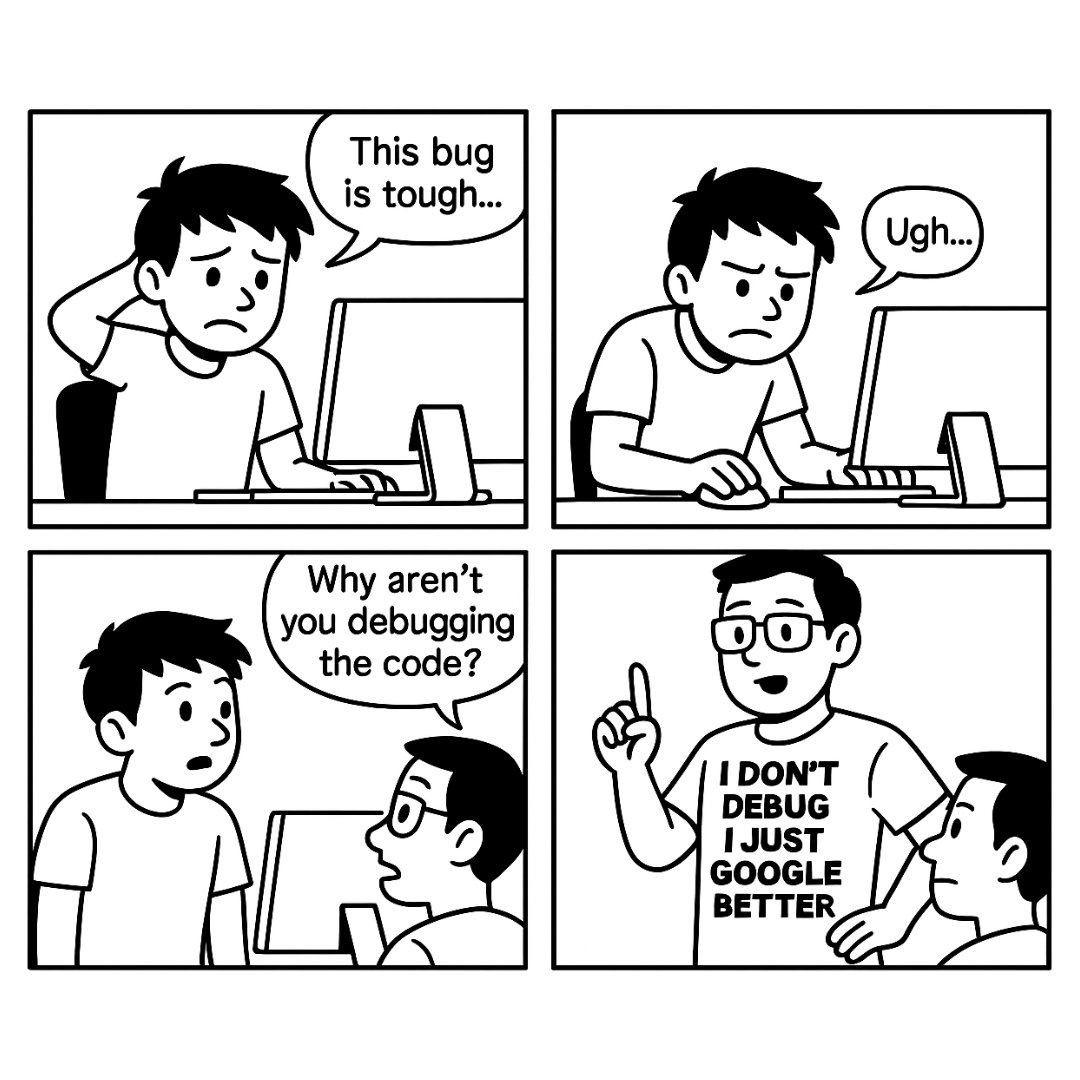 CodeTeeHub's tweet image. Ever been stuck with a bug and felt totally defeated? Same here. Until that coworker walked in with the golden line:
"I don’t debug. I just Google better." 😎
Now, it’s a shirt. And it’s a comic.
💬 Tag a friend who needs this!
#ProgrammerHumor #DevLife #CodingStruggles #GoogleIt