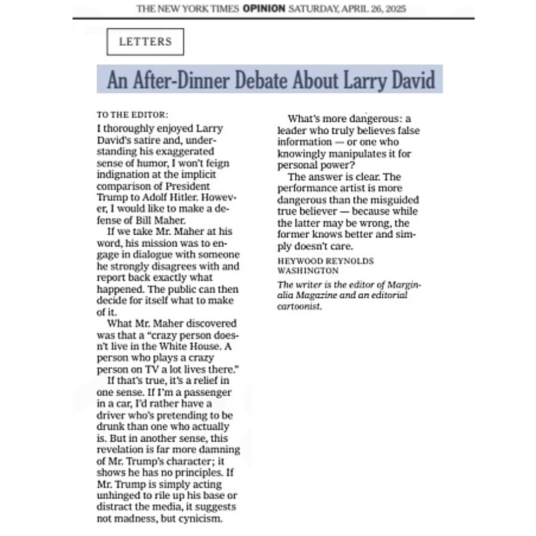 Heywood Reynolds (@dccartoonist) on Twitter photo My thoughts on what <a href="/billmaher/">Bill Maher</a> and Larry David taught us about <a href="/realDonaldTrump/">Donald J. Trump</a> in today’s <a href="/nytimes/">The New York Times</a> - Spoiler: he’s a cynical narcissist
nytimes.com/2025/04/25/opi… My thoughts on what <a href="/billmaher/">Bill Maher</a> and Larry David taught us about <a href="/realDonaldTrump/">Donald J. Trump</a> in today’s <a href="/nytimes/">The New York Times</a> - Spoiler: he’s a cynical narcissist
nytimes.com/2025/04/25/opi…
