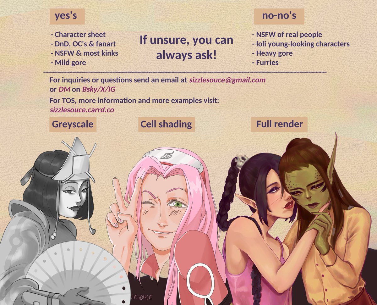 sizzlesouce's tweet image. new #commission prices!!
feel free to DM if you want to grab one for yourself
for more examples and information you can visit
sizzlesouce.carrd.co
Thank you!! 🫶