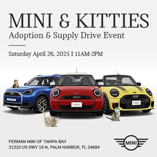 🚨 TODAY, April 26th join us at <a href="/MINIofTampaBay/">Ferman MINI</a> from 11AM-2PM and enjoy cuddle adorable cats and kittens at the petting station. Adopt a furry friend from <a href="/HumanePinellas/">Humane Society of Pinellas</a>. Be the thunder and catch the game on our giant TV screen with a Live DJ on-site and raffle prize giveaways!
