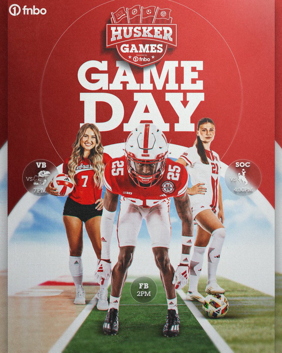 It’s Games Day in Lincoln! 🏈⚽️🏐

⌚️ 2:00pm CT  <a href="/HuskerFootball/">Nebraska Football</a>
⌚️4:30pm CT <a href="/HuskerSoccer/">Nebraska Soccer</a> 
⌚️ 7:00pm CT <a href="/HuskerVB/">Nebraska Volleyball</a> 

🎟️🏟️ go.unl.edu/qxie