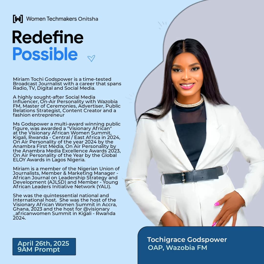 Ladies and Gentlemen, I, Akwaugo1 of Wazobia  of will be speaking this Saturday at the"WOMEN TECH-MAKERS ONITSHA in commemoration of the International Women's Day.

This is Powered by Engr. Dr. Happiness Akabuike  x Google.

I invite you to this great event. 

#IWD #WomenInTech
