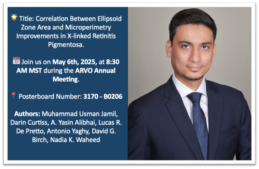 OCT_Waheed's tweet photo. Join us at ARVO 2025 on May 6th, 2025, at 8:30 AM MST to discover the latest insights on imaging and microperimetry research in patients with X-linked retinitis pigmentosa, presented by our OCT research fellow, Dr. Muhammad Usman Jamil. @ARVOinfo 
#ARVO2025 https://t.co/KpiLOb8WYC