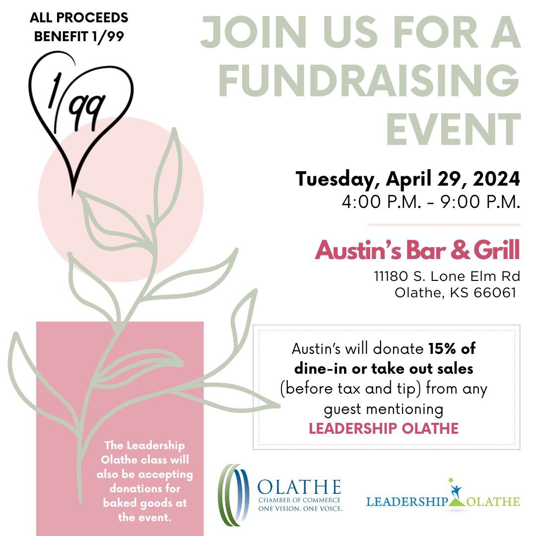 Come grab some great food and support an amazing cause! Join us Tuesday, April 29 from 4–9 PM at Austin’s Bar &amp; Grill in Olathe. Mention “Leadership Olathe” and 15% of your bill will support 1/99 and survivors of human trafficking. Hope to see you there!