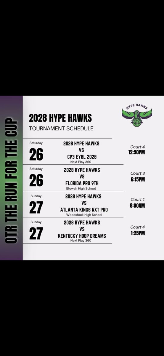 2028 Hype Hawks <a href="/OTRHoops/">On the Radar Hoops Events</a> Run for the Cup schedule!!
#believethehype
