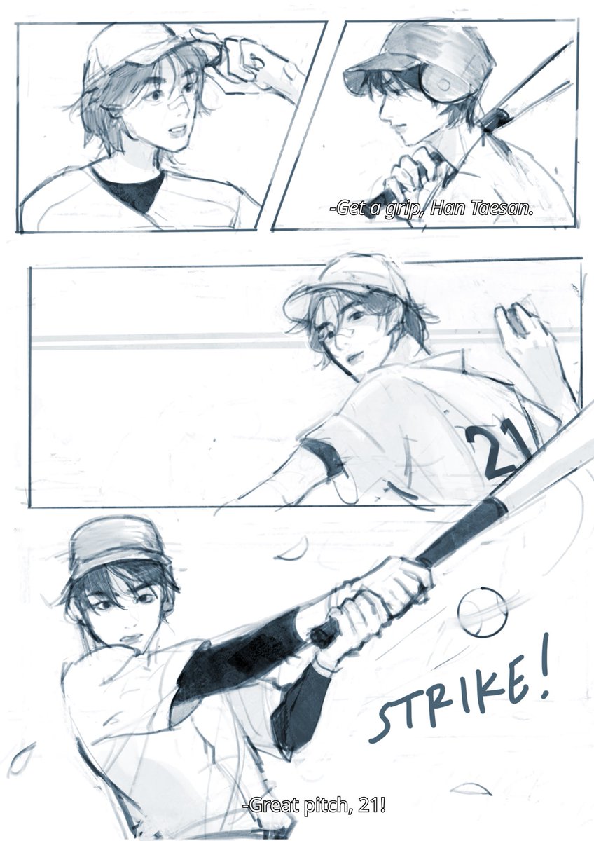 ihanupi's tweet photo. taeshan baseball one-page comic i guess…. star player tsan who loses his focus everytime a certain pitcher enters the field :] https://t.co/09cqZzY139