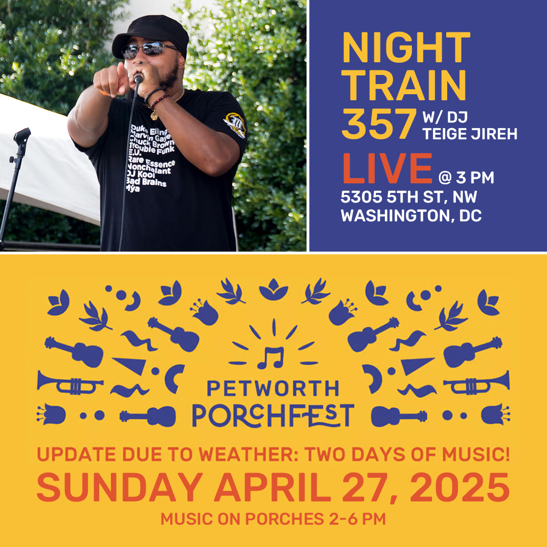 Night Train 357 Performing Tomorrow at Petworth Porchfest - mailchi.mp/b5ccc2e85181/n…

Due to rain today, we're performing at 3 PM on Sunday, April 27th, in Petworth, Northwest, Washington, DC, given that the forecast is sunny and beautiful.