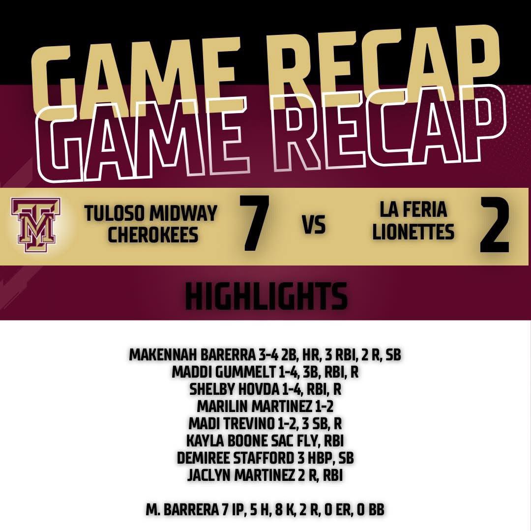 🥎 ON TO ROUND 2! 🥎 

The Cherokees are advancing to AREA!

Bi-District Game Score: T-M 7 - La Feria 2

Cherokees offense was led by Makennah Barrera going 3-4 with 3 RBIs, a double, and a in the park Home Run!!!💣 🥎 Maddi Gummelt hit a big hit to the outfield wall for a triple