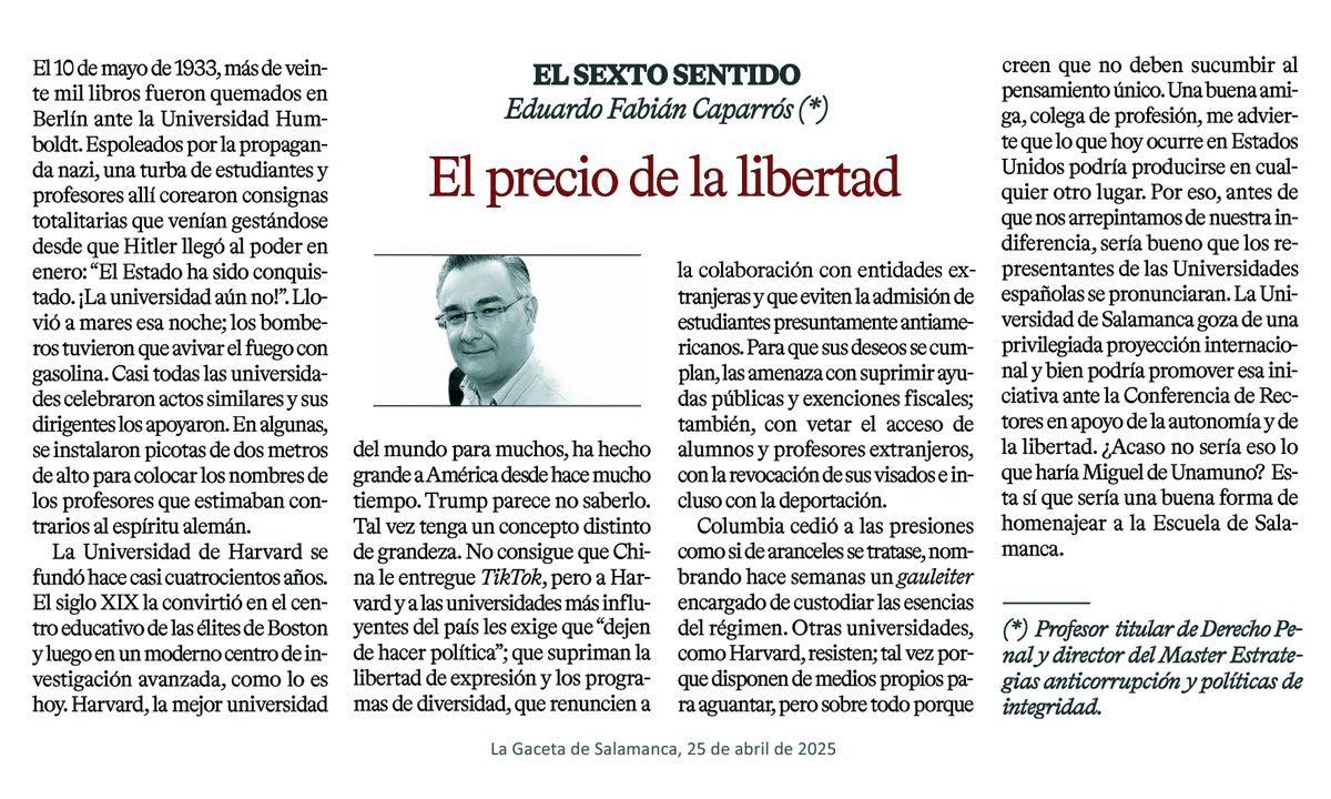 Eduardo Fabián C. (@caporrismo) on Twitter photo Aunque atribuida a Bertolt Brecht, parece que la célebre frase "primero se llevaron a los judíos, pero como yo no era judío, no me importó..." fue obra de Martin Niemöller. Lo relevante es el mensaje. Y su actualidad es inquietante. Hoy, en
<a href="/LaGacetaSA/">La Gaceta de Salamanca</a> lagacetadesalamanca.es/opinion/firmas… Aunque atribuida a Bertolt Brecht, parece que la célebre frase "primero se llevaron a los judíos, pero como yo no era judío, no me importó..." fue obra de Martin Niemöller. Lo relevante es el mensaje. Y su actualidad es inquietante. Hoy, en
<a href="/LaGacetaSA/">La Gaceta de Salamanca</a> lagacetadesalamanca.es/opinion/firmas…
