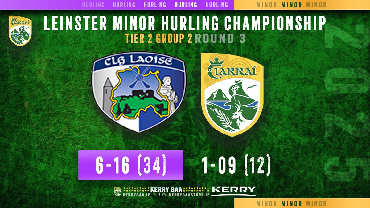 🥎 Full Time in  Laois Hire O'Moore Park in Round 3  2025 Electric Ireland Leinster Minor Hurling Championship Tier 2 Group 2.

#WeAreKerry #CiarraíAbú