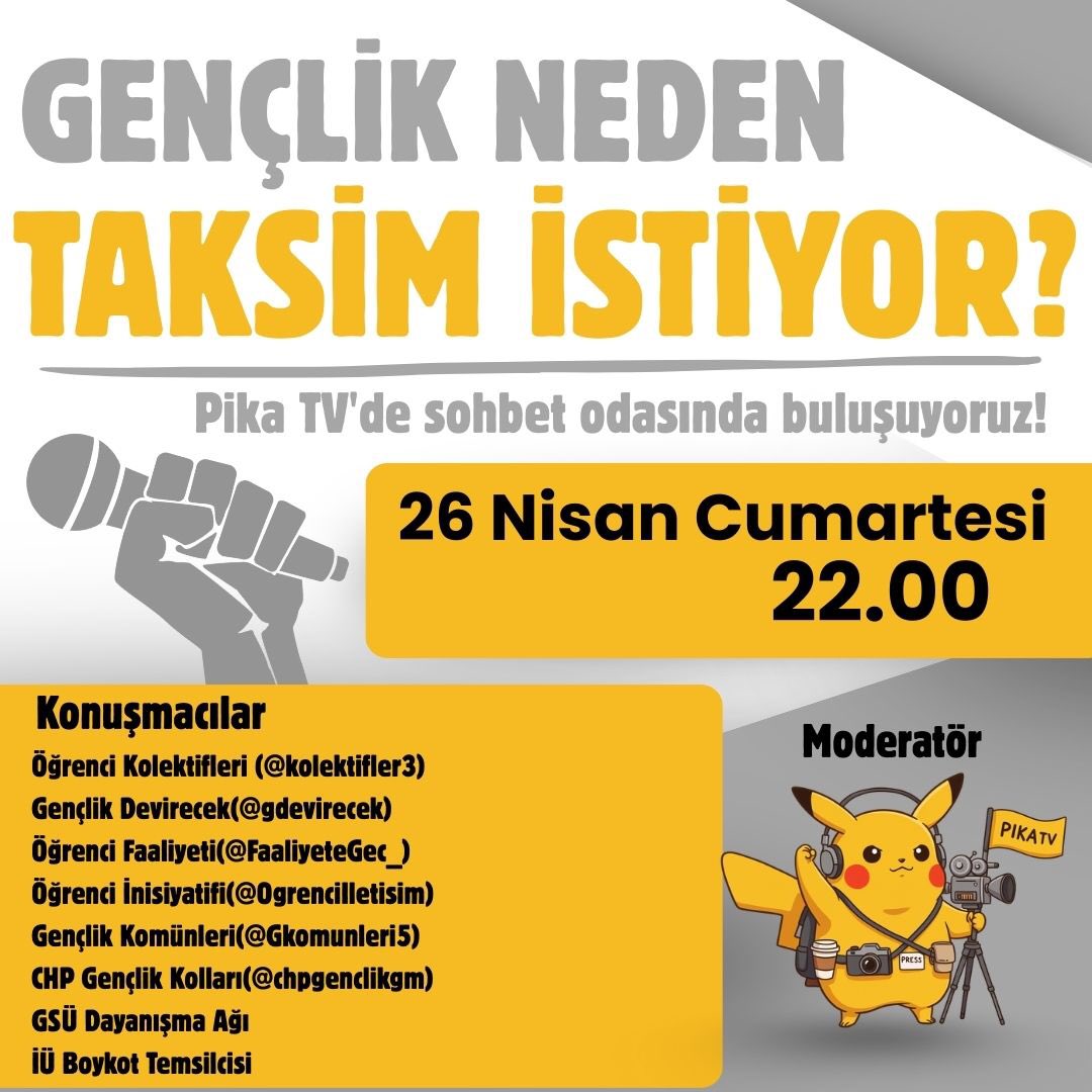 GENÇLİK NEDEN TAKSİM İSTİYOR?

🎙️Ses odası | 22.00

Konuşmacılar:

⚫️Öğrenci Kolektifleri 
⚫️Gençlik Devirecek
⚫️Öğrenci Faaliyeti
⚫️Öğrenci İnisiyatifi
⚫️Gençlik Komünleri
⚫️CHP Gençlik Kolları 
⚫️GSÜ Dayanışma Ağı
⚫️İÜ Boykot Temsilcisi