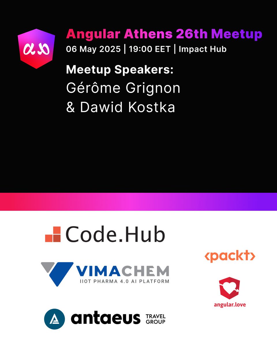 AngularAthens (@athensangular) on Twitter photo Tomorrow is the day! Join us for the 26th Angular Athens Meetup!
Our guests: <a href="/GeromeDEV/">Gerome Grignon 🅰️ @AngularDevsFr</a> & <a href="/dawid_k_dev/">Dawid Kostka</a>
Our Gold Sponsors: Code.Hub, Vimachem, Antaeus Travel Group
Our Community Supporters: <a href="/AngularLovePL/">angular.love</a> & <a href="/PacktPublishing/">Packt Publishing</a>!
🔗 lnkd.in/e6dfu6gp
#AngularAthens #Meetup Tomorrow is the day! Join us for the 26th Angular Athens Meetup!
Our guests: <a href="/GeromeDEV/">Gerome Grignon 🅰️ @AngularDevsFr</a> & <a href="/dawid_k_dev/">Dawid Kostka</a>
Our Gold Sponsors: Code.Hub, Vimachem, Antaeus Travel Group
Our Community Supporters: <a href="/AngularLovePL/">angular.love</a> & <a href="/PacktPublishing/">Packt Publishing</a>!
🔗 lnkd.in/e6dfu6gp
#AngularAthens #Meetup