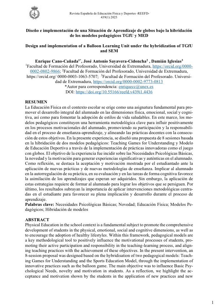 sebastiani64's tweet image. DISEÑO E IMPLEMENTACIÓN DE UNA SITUACIÓN DE APRENDIZAJE BAJO LA HIBRIDACIÓN DE LOS MODELOS PEDAGÓGICOS TGfU Y MED (E. Cano Cañada, E., J. A. Sayavera Cidoncha &amp;amp; D. Iglesias Gallego)(2025). 
reefd.es/index.php/reef…